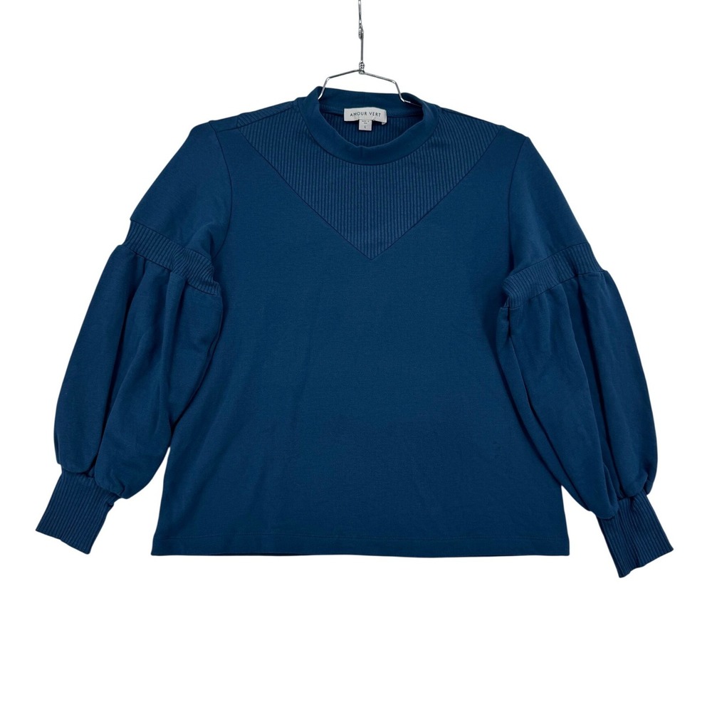 Amour Vert Puff Sleeve Top Women L Teal Mock Neck Good Ribbed Yoke USA
